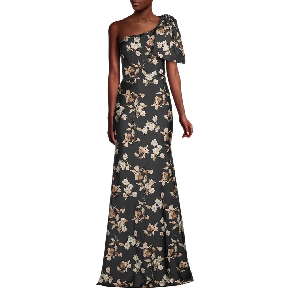 Sachin & Babi Aubrey Gown Black Venetia Petal Floral One Shoulder Maxi Dress 0